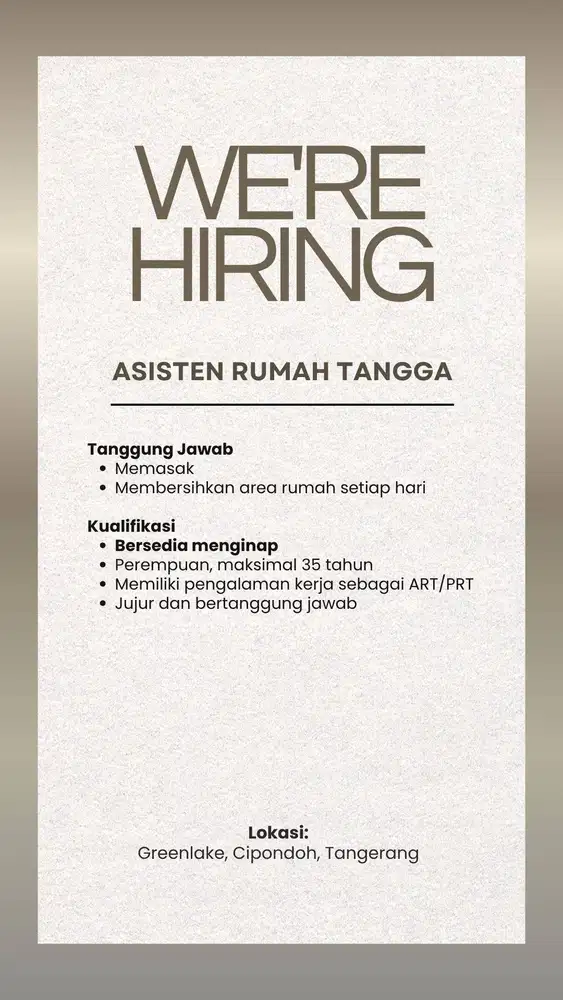 Lowongan Kerja ART (Asisten Rumah Tangga)