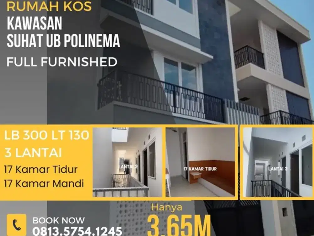 Kos dijual di Malang kawasan Suhat UB 17KT+KM Furnished UB Polinema 3m-an