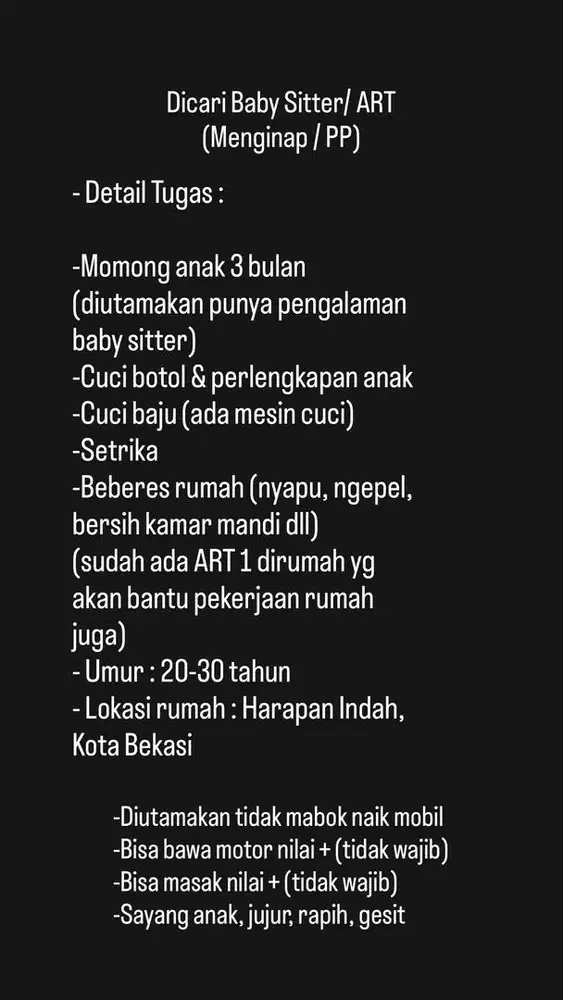 Dicari baby sitter/ ART (Asisten Rumah Tangga)