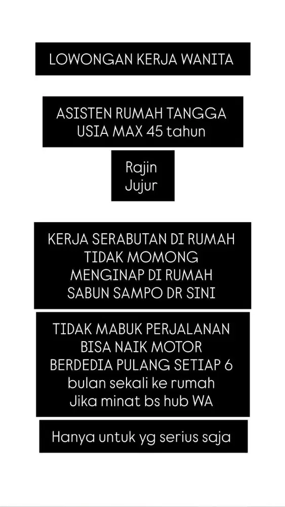 LOWONGAN KERJA WANITA ASISTEN RUMAH TANGGA