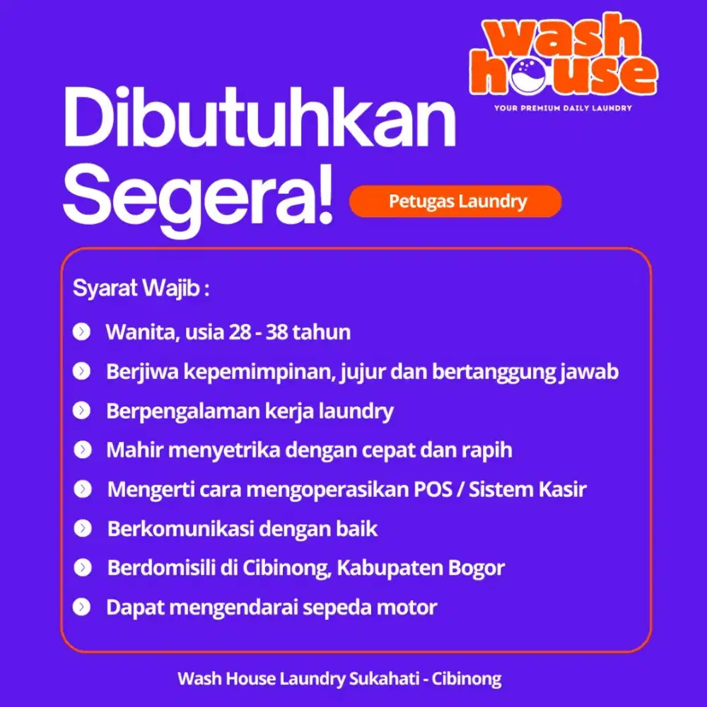 LOKER Lowongan Petugas Laundry Cibinong Bogor