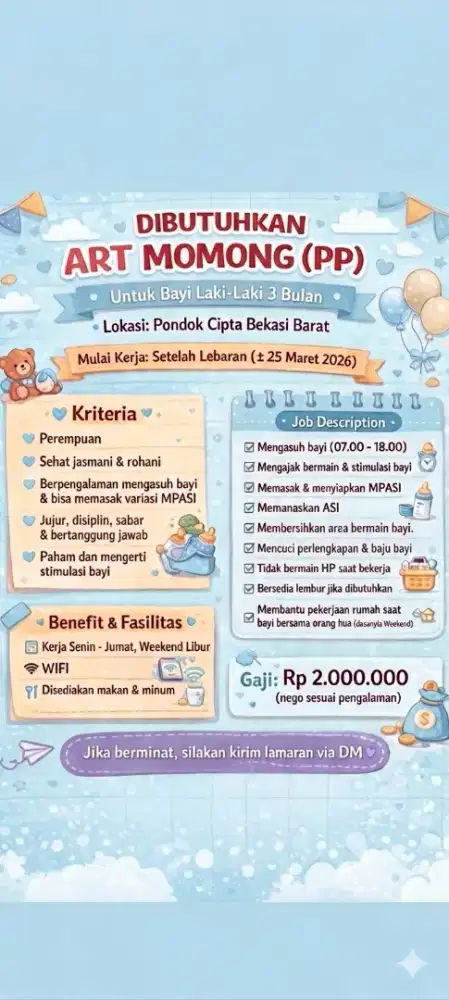 Dibutuhkan ART khusus momong - Pulang Pergi lokasi pondok cipta