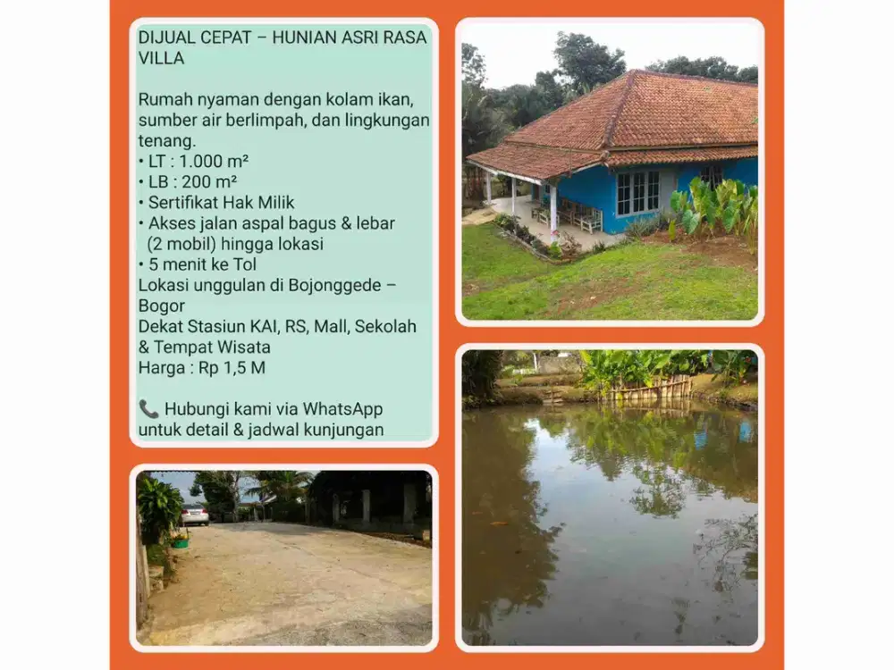 Rumah + Kolam Ikan Asri Luas 1000 m2 Lokasi Berkembang & Potensial Investasi di Bojong gede - Bogor.