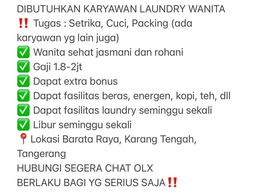 LOKER LAUNDRY WANITA TANGERANG CUCI SETRIKA