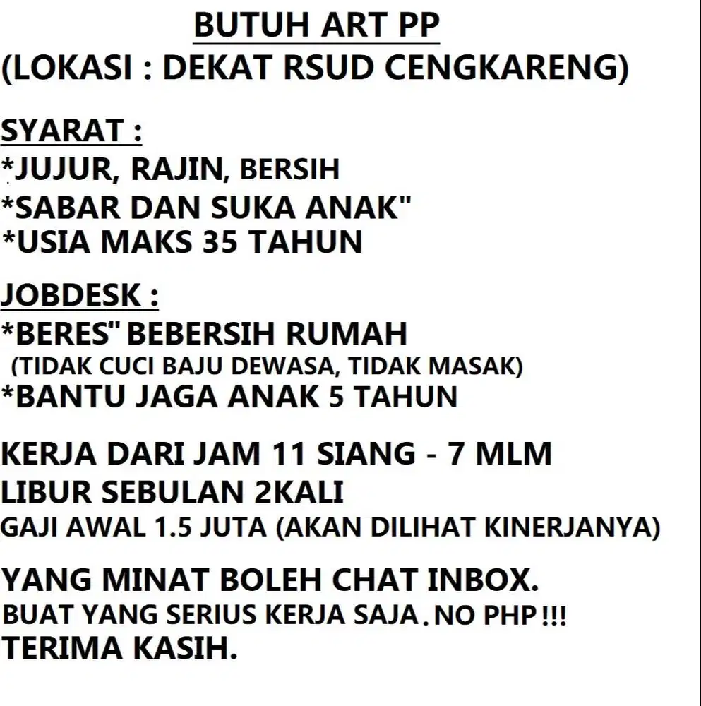 Lowongan ART PP Cengkareng