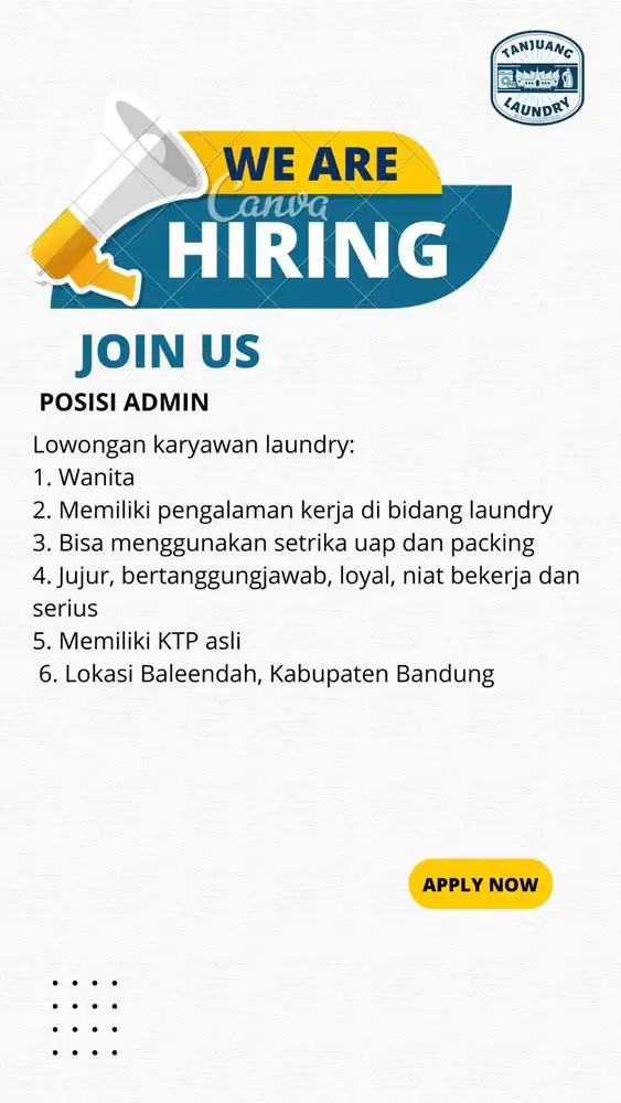 di cari yang sudah berpengalaman bekerja di bidang laundry