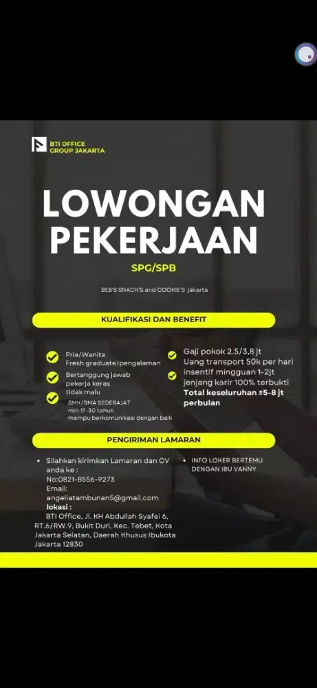 Lowongan kerja SPG & SPB
