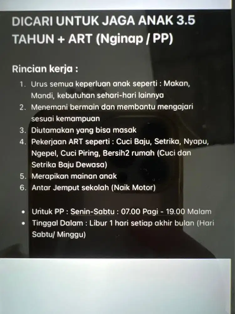 DICARI UNTUK JAGA ANAK 3.5 TAHUN + ART (Nginap / PP)