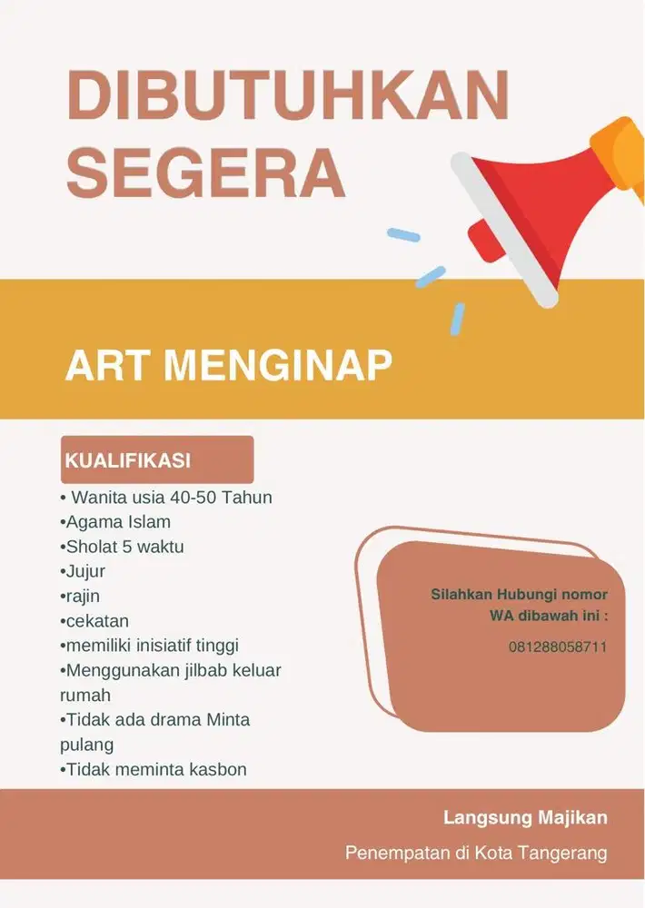 Dibutuhkan ART menginap
