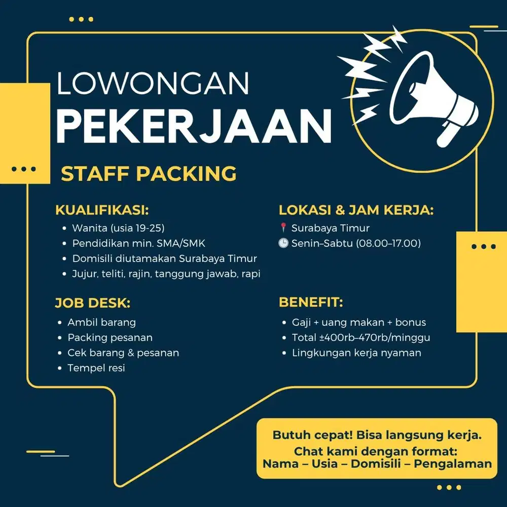 BUTUH CEPAT! BISA LANGSUNG KERJA