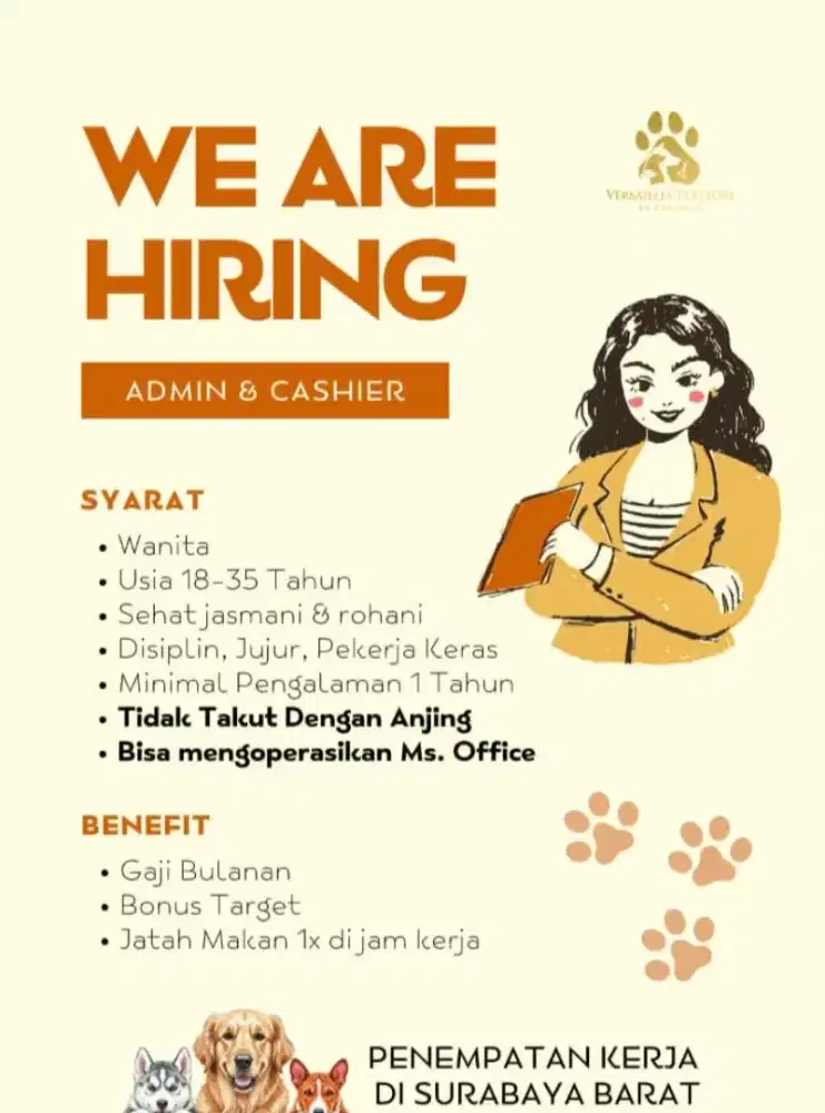 dibutuhkan lowongan admin kasir pet store & grooming