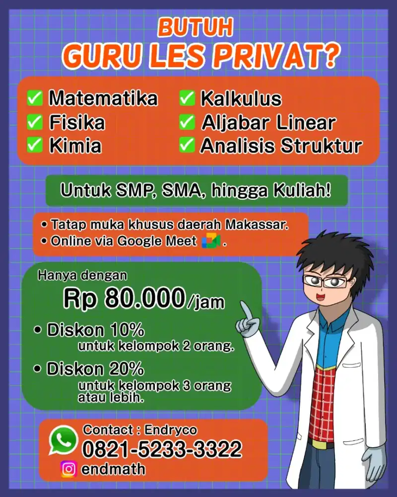 Menerima murid Les mata pelajaran : Matematika - Fisika - Kimia