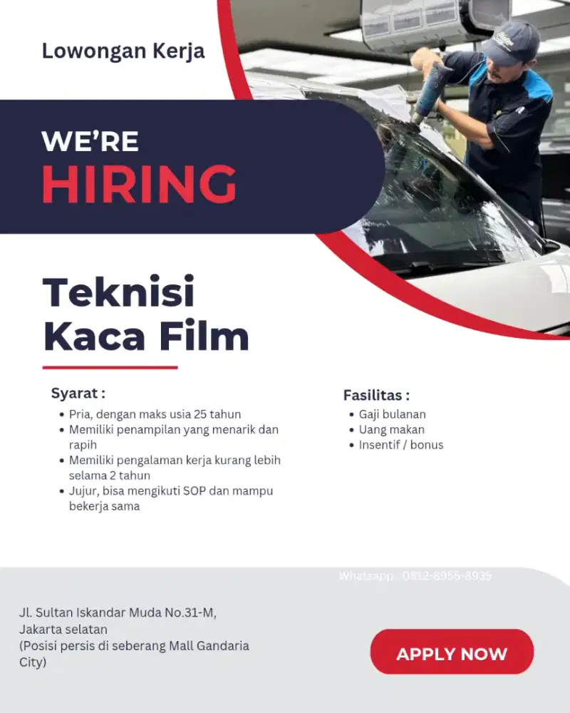 Dicari Segera Teknisi / Tukang Kaca Film