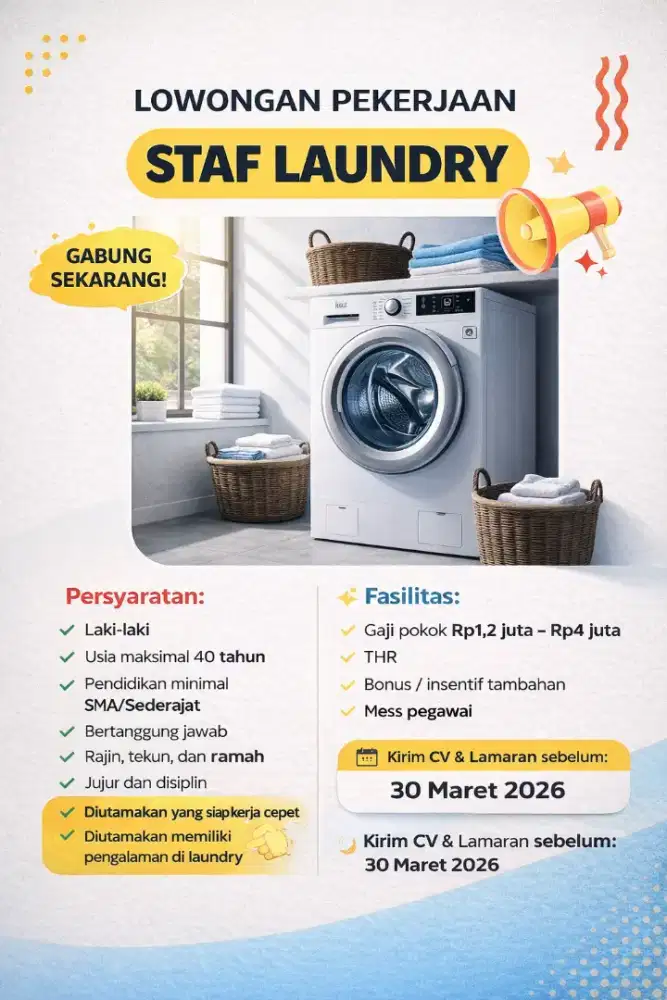Dicari Cepat! Staf Laundry Cimahi (Ada Mess + Bonus)