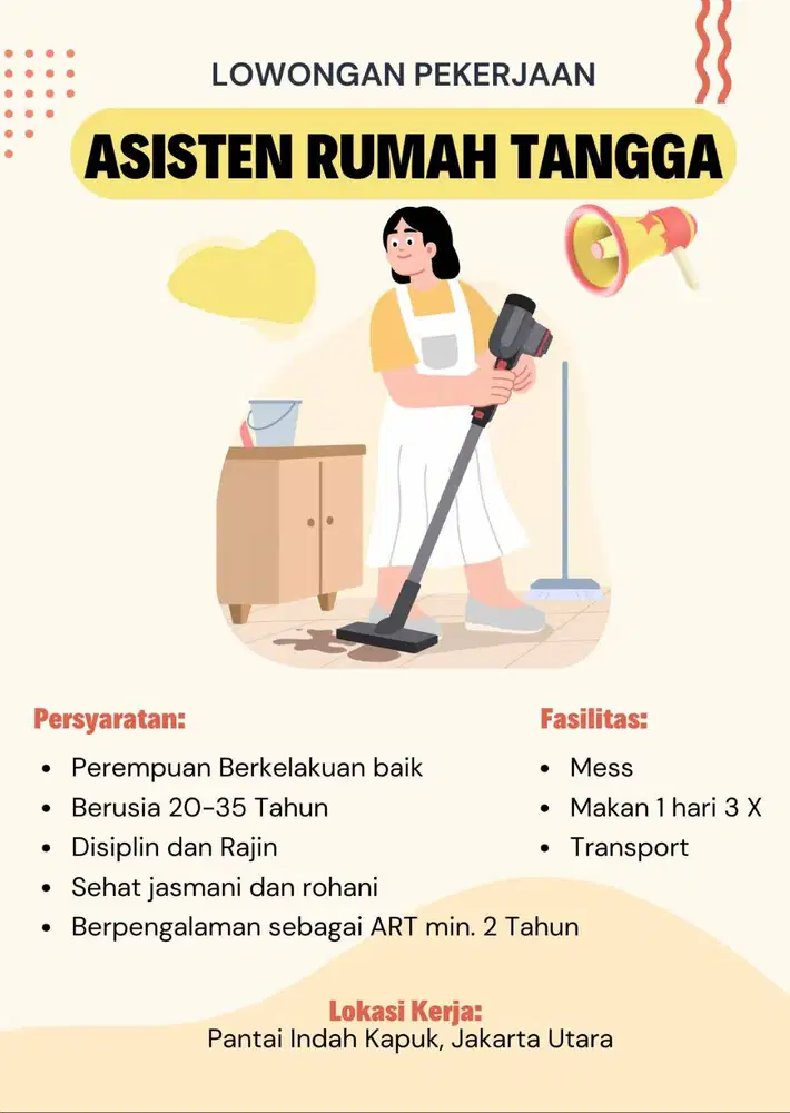 LOWONGAN KERJA ASISTEN RUMAH TANGGA ( ART ) UNTUK DI MESS KARYAWAN