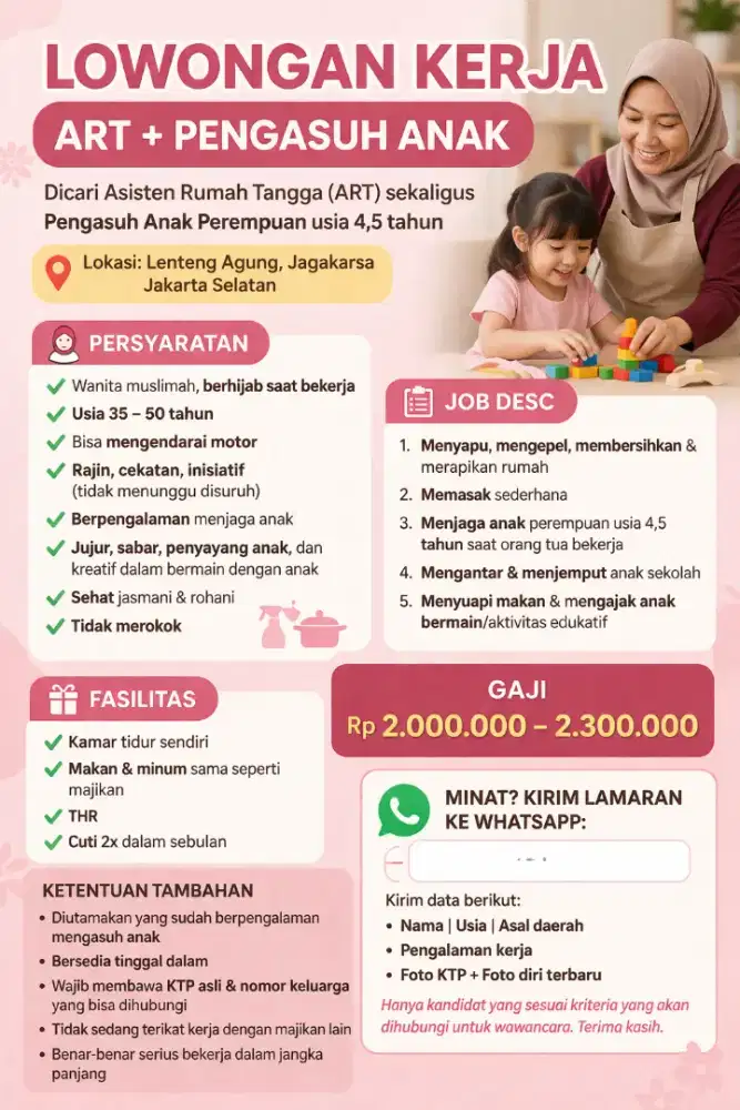 LOWONGAN KERJA ART + PENGASUH ANAK