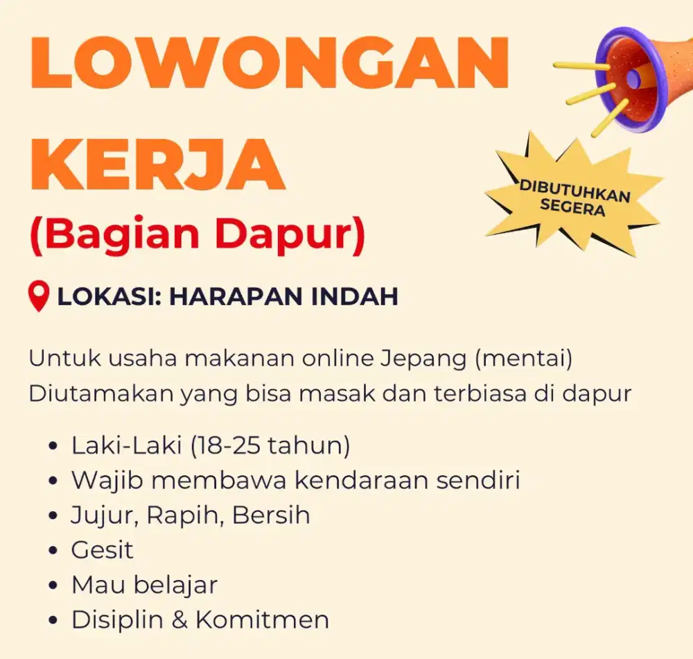 LOWONGAN KERJA BAGIAN DAPUR (KITCHEN)