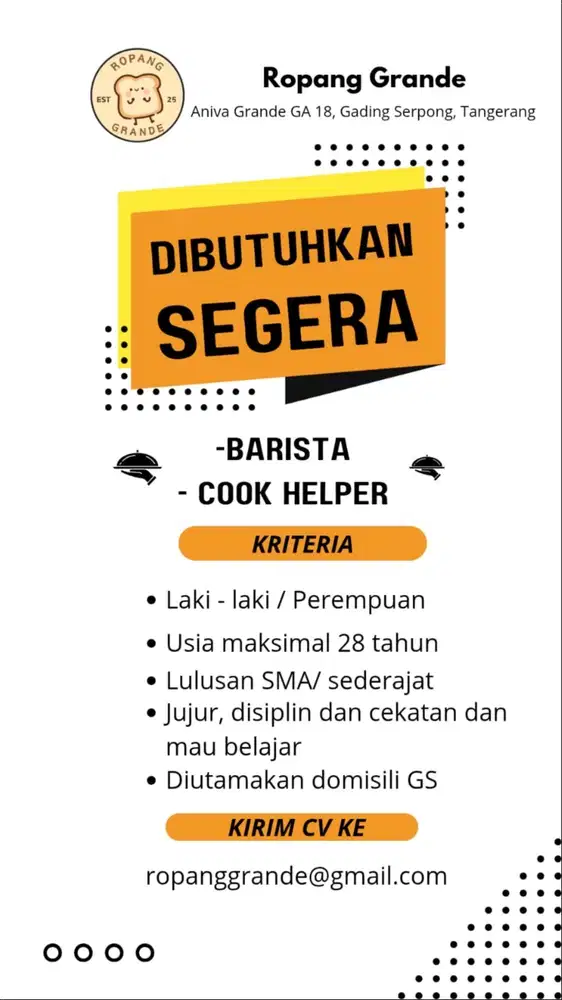 Dicari Barista Part Time/Full Time dan Cooking Helper Full Time