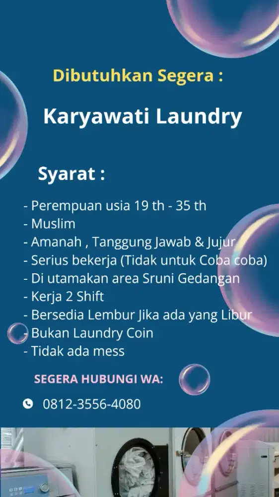 Dibutuhkan Segera Pegawai Laundry