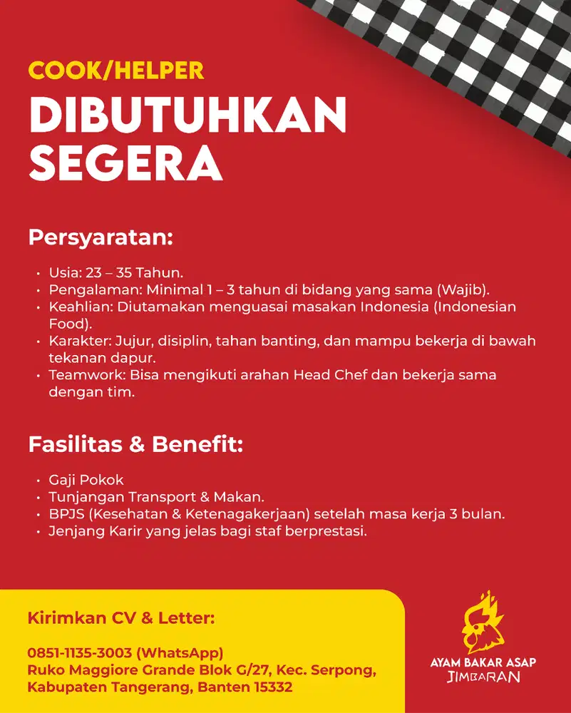 DIBUTUHKAN SEGERA COOK/HELPER