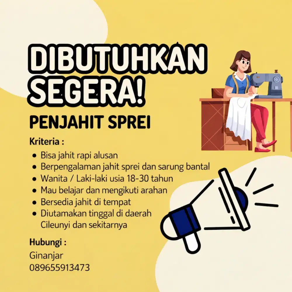 Dibutuhkan segera penjahit