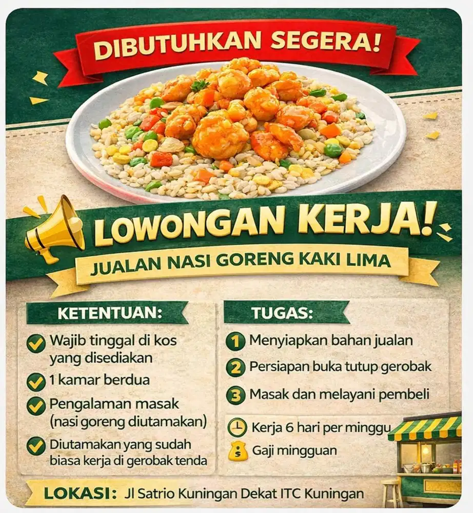 Dibutuhkan Karyawan Jualan Nasi Goreng Kaki Lima