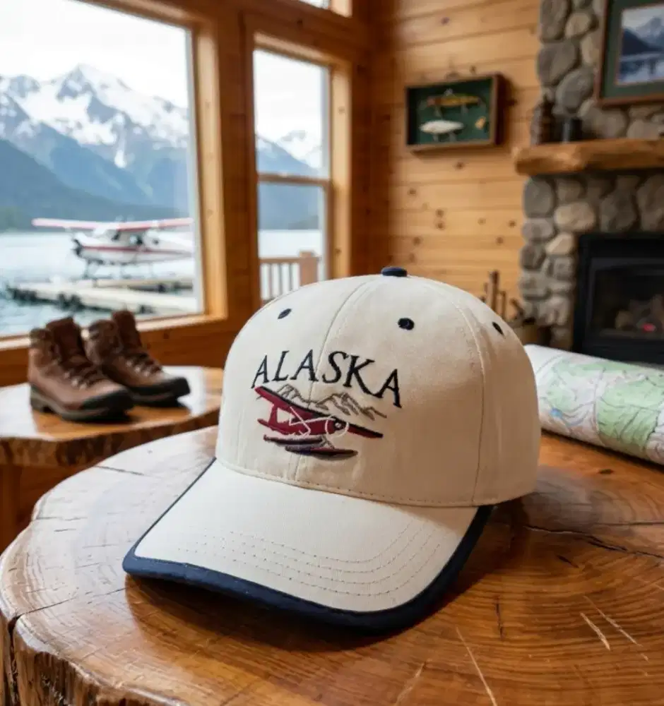 Topi Vintage Logo Pesawat Alaska Tongass Original Second Warna Cream