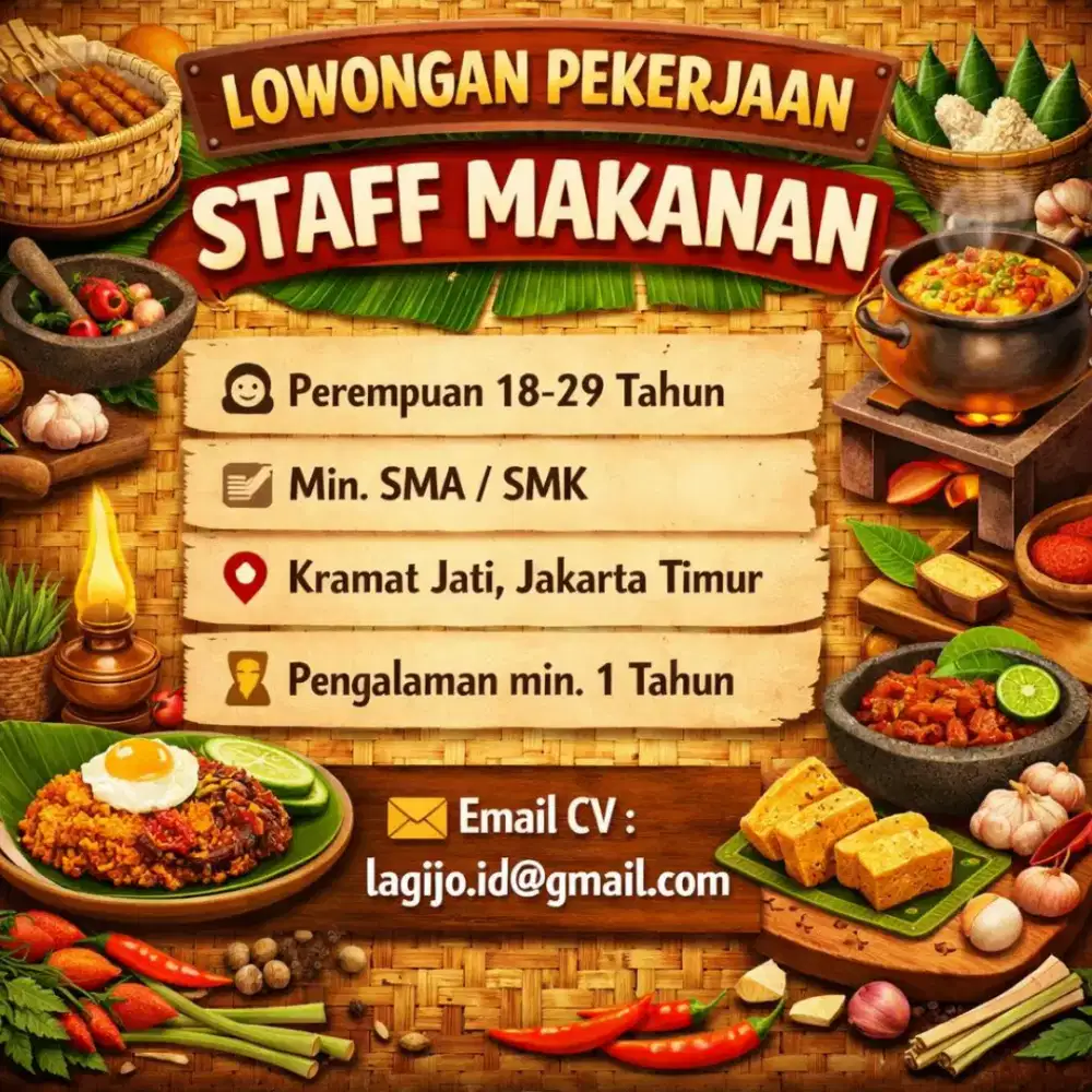 Lowongan Staff Makanan (Wanita) 18-29 Tahun Jakarta Timur