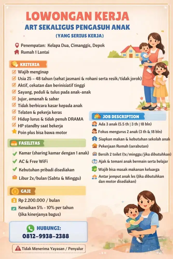 DICARI 1 ART SEKALIGUS PENGASUH 2 ANAK (YANG NIAT & SERIUS KERJA!)