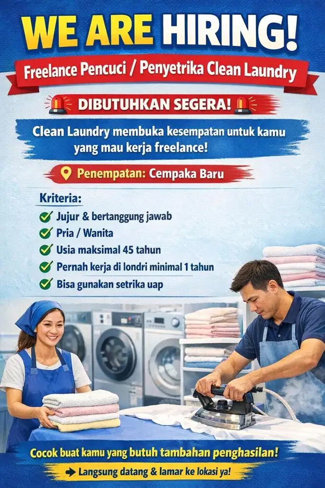 WE ARE HIRING! Freelance Pencuci / Penyetrika Clean Laundry