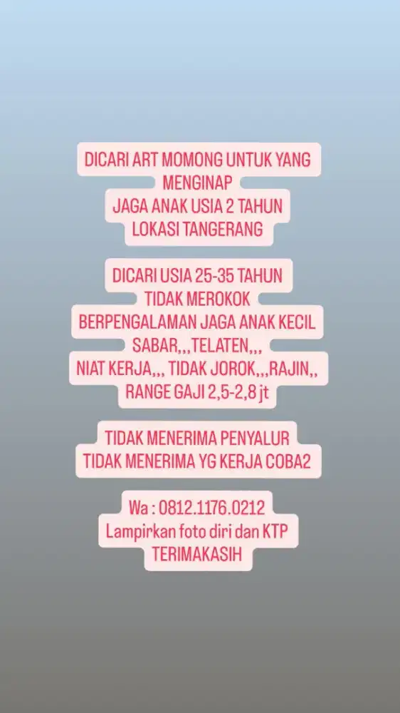 DICARI ART MOMONG UNTUK YG MEMILIK PENGELAMAN DENGAN ANAK USIA 2 TAHUN
