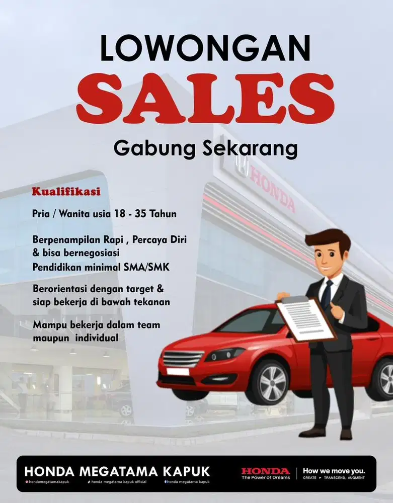 Di Buka Lowongan Marketing Mobil Honda
