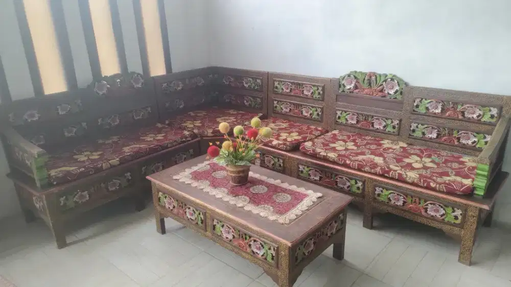 Kursi tamu minimalis sudut mahkota leter L kayu jati asli