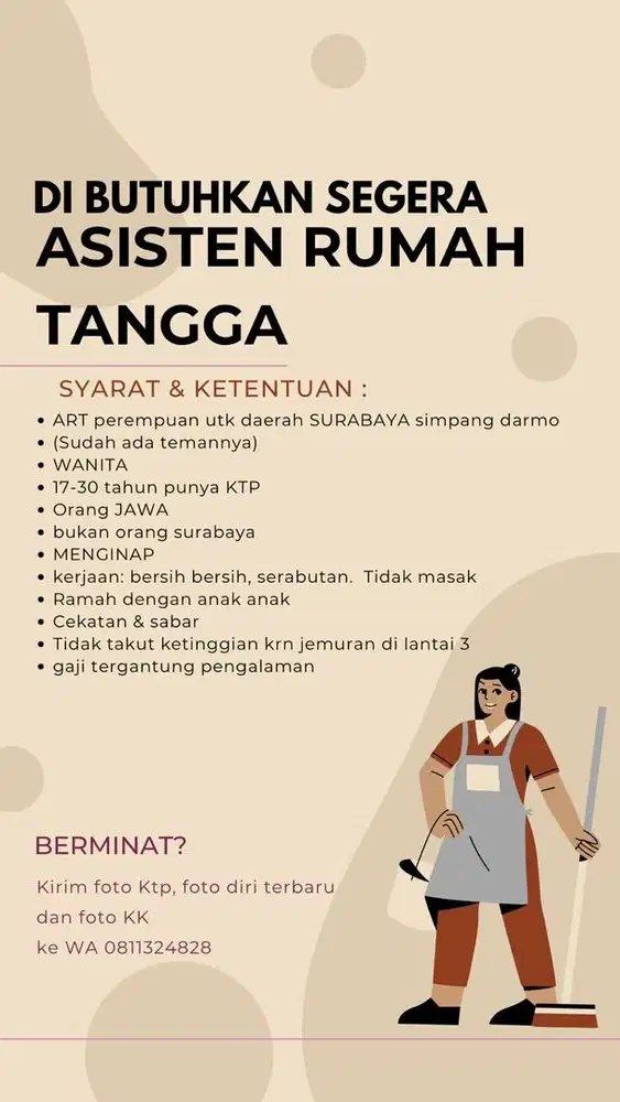 Lowongan ART PRT Wanita Wajib Menginap 2 Orang