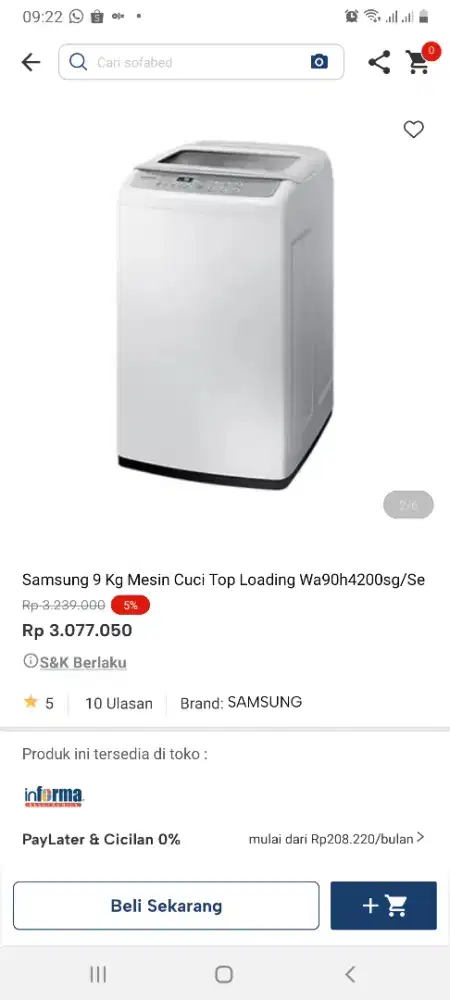 Samsung mesin cuci toploading 9kg