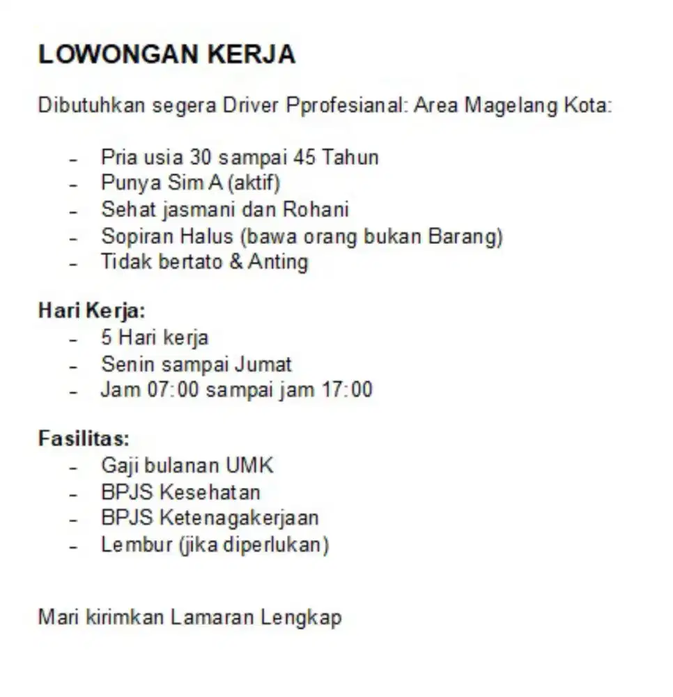 Lowongan Kerja Pengemudi (Driver)