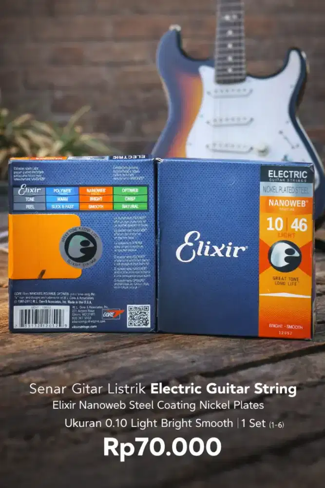 Senar Gitar Elektrik Elixir Nickel Plates Steel Coating Ukuran 10 Set