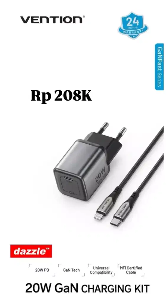 Tc vention set GaNdash 20 Watt type c to lightning gray