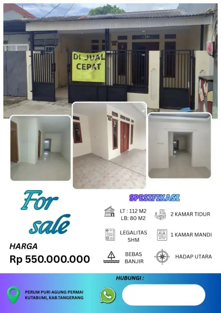 Dijual Rumah Perumahan Puri Agung Permai Kutabumi