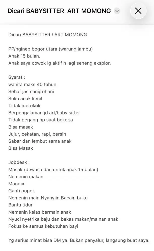 DICARI BABYITTER/ART BERPENGALAMAN