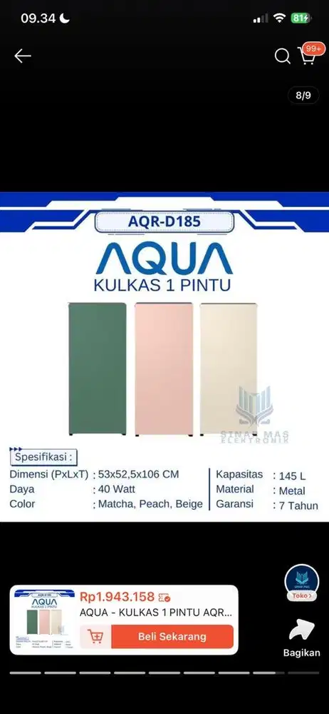KULKAS AQUA PEACH BARU