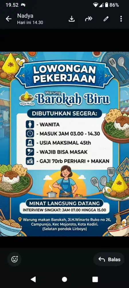 Dibutuhkan karyawati warung makan, usia maksimal 45th.