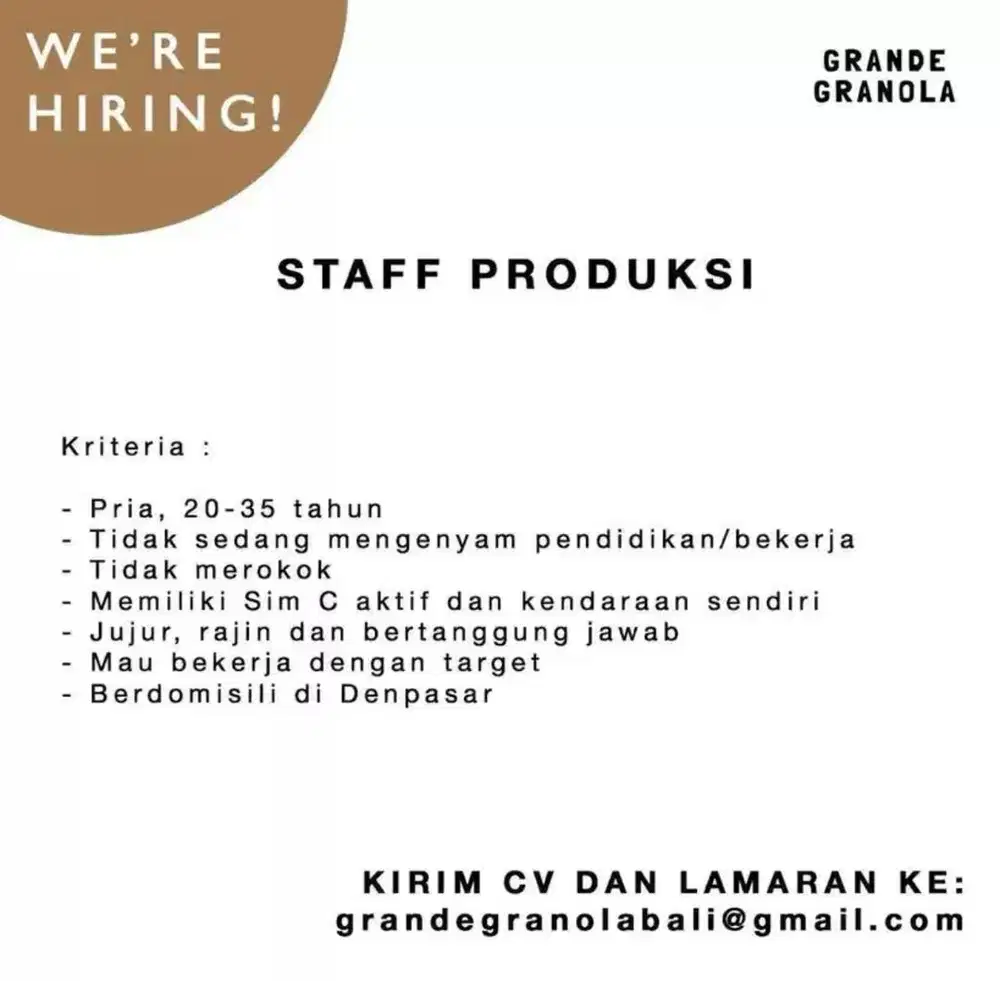Dicari staff Produksi untuk Grande Granola