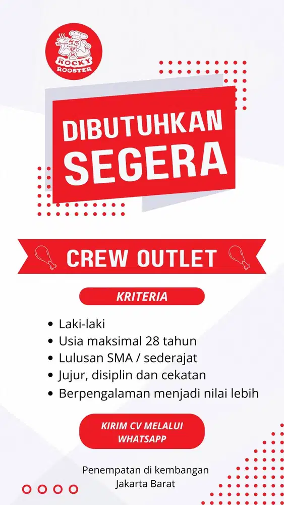 Dibutuhkan Segera - Crew Outlet Rocky Rooster Kembangan Jakarta Barat