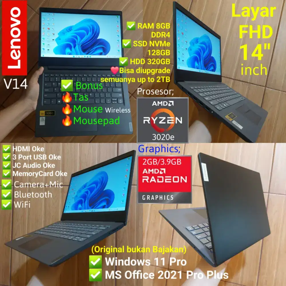 Lenovo v14 Ryzen3 RAM 8GB NVMe 128+320GB HDD Laptop 14inch FHD IPS