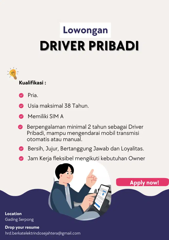 Lowongan Driver Pribadi Area Gading Serpong