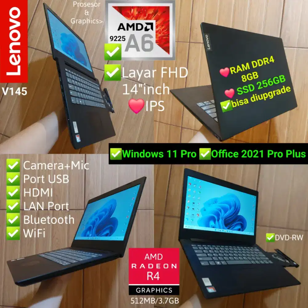Lenovo AMD A6 DDR4 8GB SSD 256GB V145 Layar 14inch FHD IPS