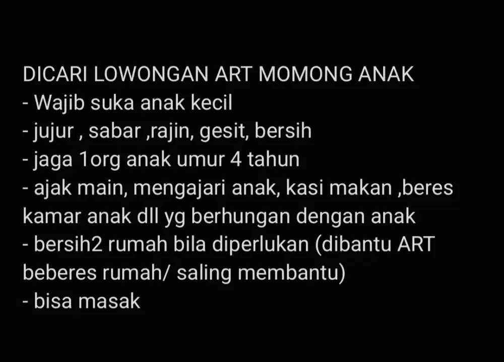 Dicari ART momong anak