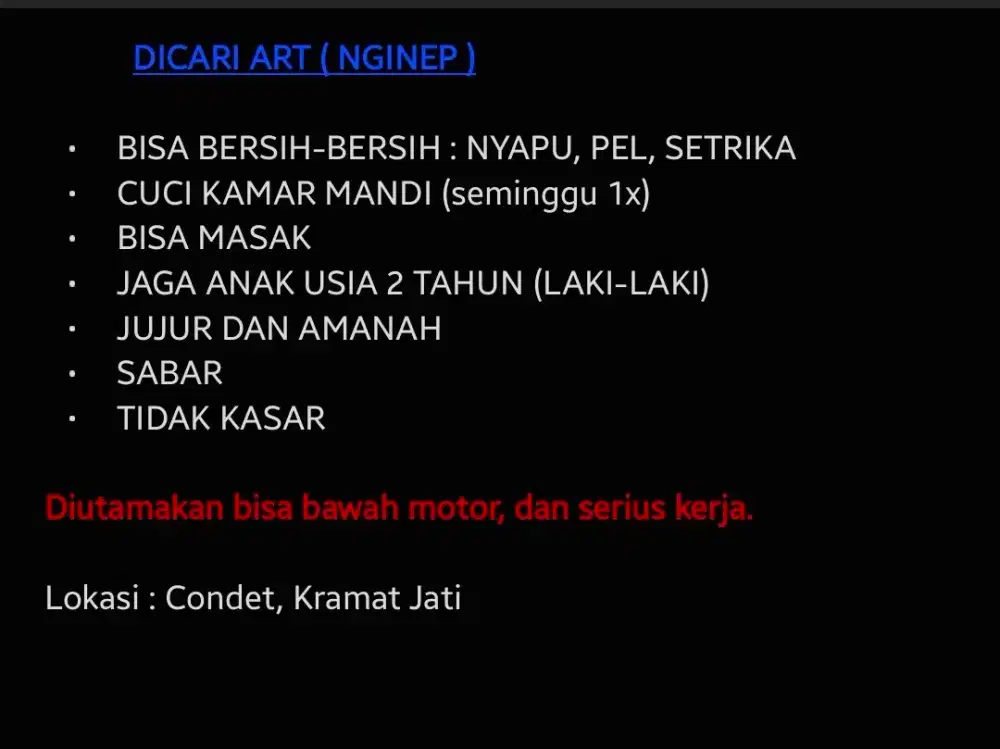 Lowongan ART & JAGA ANAK (NGINEP)