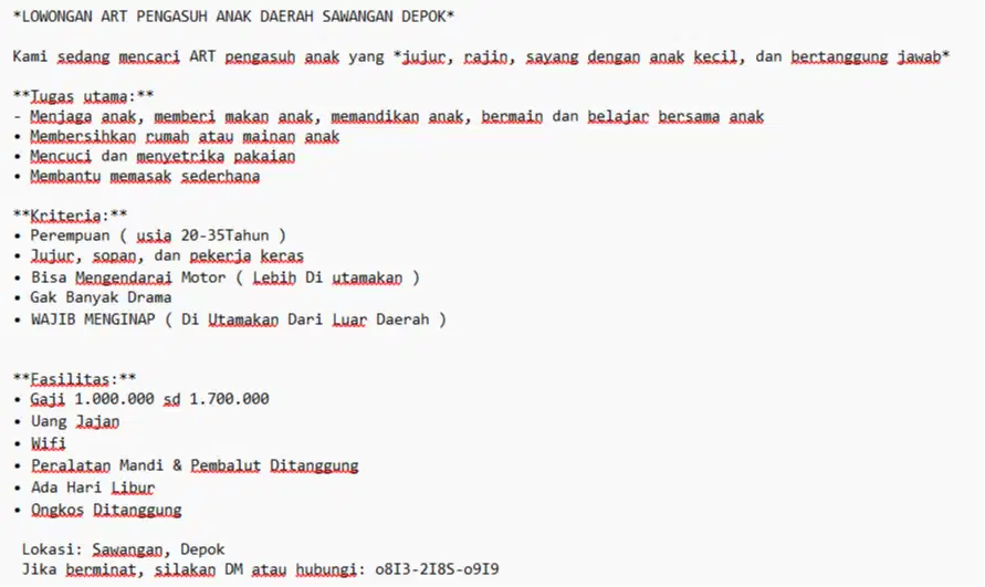 LOWONGAN PEKERJAAN - MENCARI ART DAN PENGASUH ANAK DI SAWANGAN DEPOK
